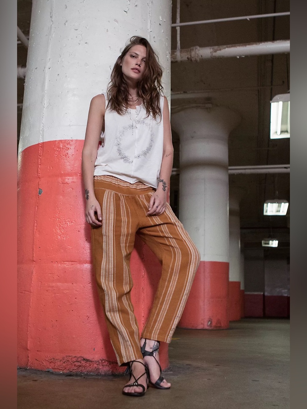 Free People Wide Yoke Pull On Pants Mustard Combo Boho M